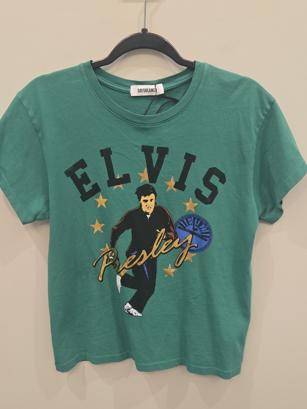 NWT Women's DAYDREAMER Green Graphic Elvis Presley Tee. Size Small. Made In USA.